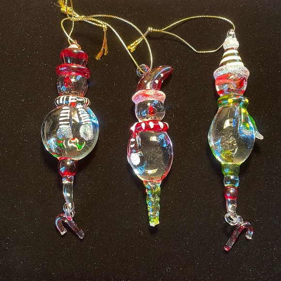 3 glass Snowmen Christmas ornaments with dangling candy canes - Picture 1 of 5